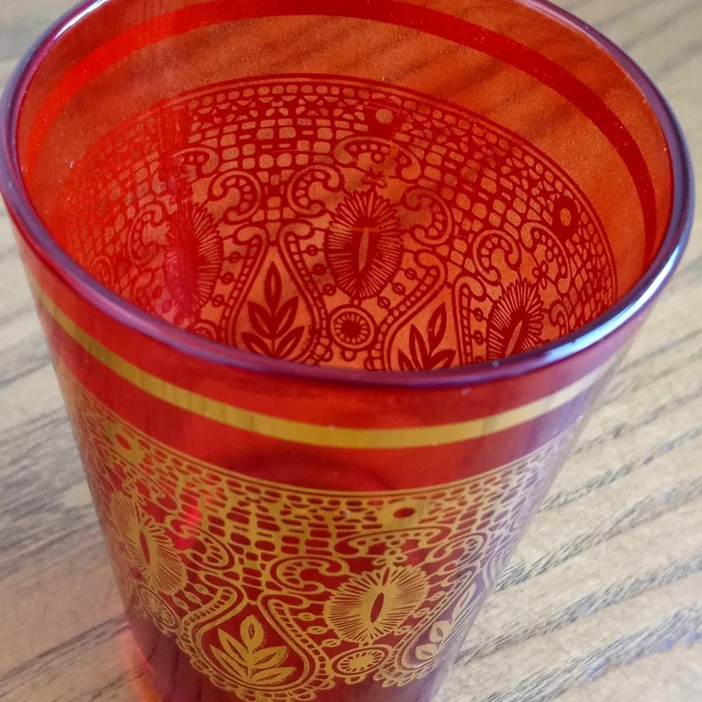 Vintage Moroccan / Turkish Tea Glasses Red & Gold Embellished Design Set of 2